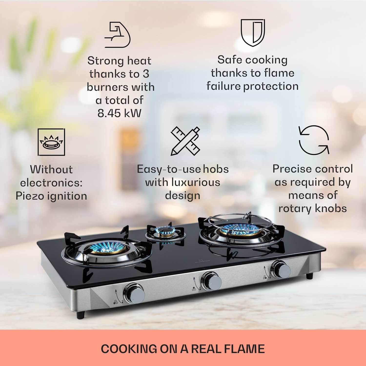 Klarstein Barzona 3, kempingový varič, 3 horáky, 3,4 kW a 0,75 kW a 4,3 kW, sklenená doska, kryt z nehrdzavejúcej ocele