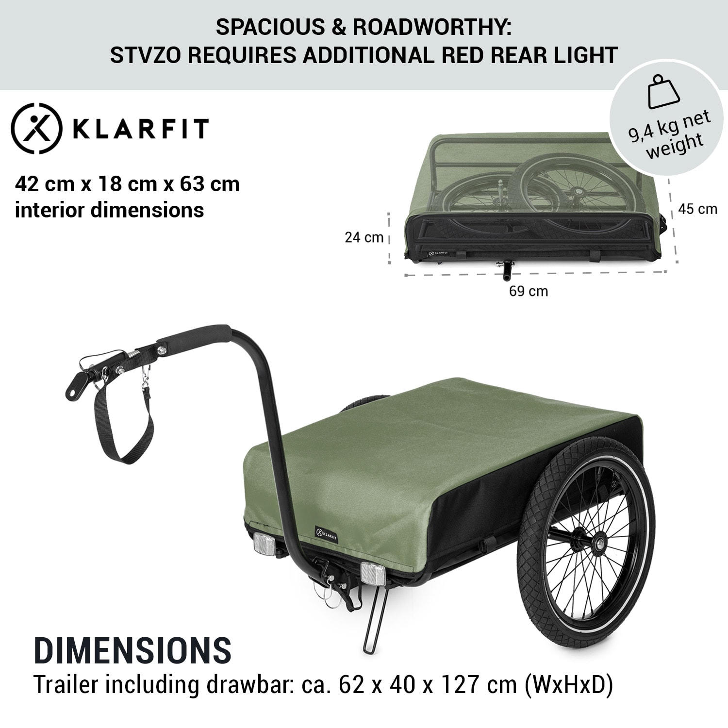 KLARFIT Companion, nákladný príves, 40kg/50litrov, príves na bicykle, ručný vozík, čierny – Obrázok 5
