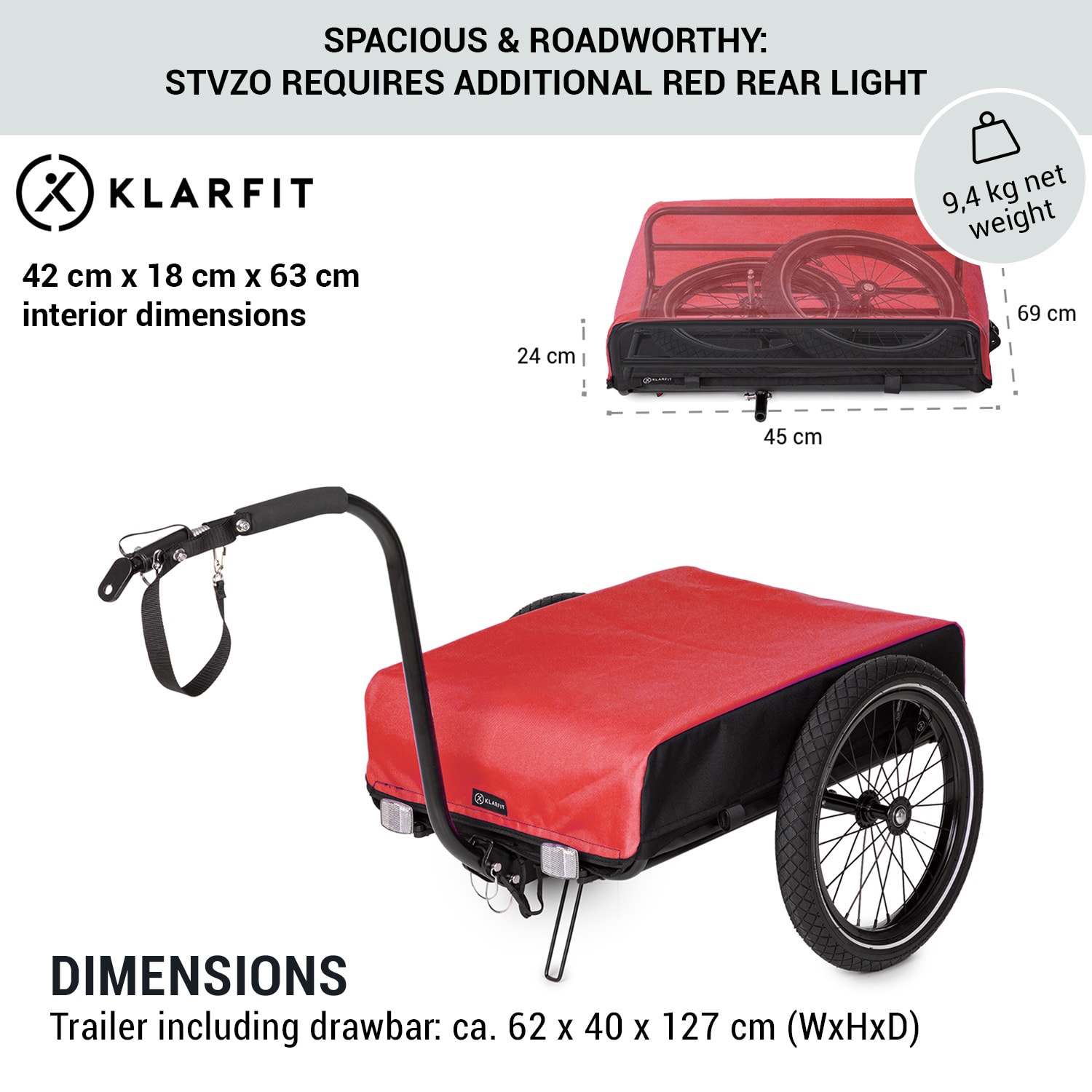 KLARFIT Companion, nákladný príves, 40kg/50litrov, príves na bicykle, ručný vozík, čierny – Obrázok 5