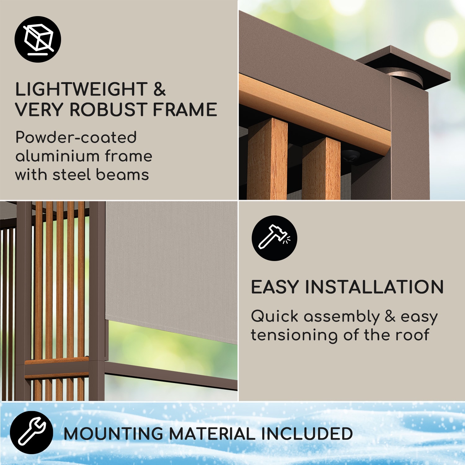 Blumfeldt Valence, altánok, 3 x 3 m, UV50+, vodoodpudivý, solárne LED osvetlenie, solárny panel – Obrázok 4