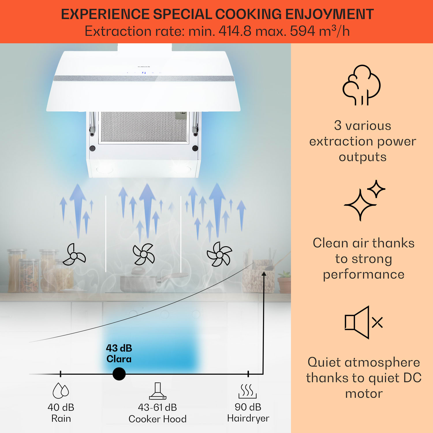 Klarstein Clara 90, digestor, 509 m³/h, dotykový displej, ambientné podsvietenie – Obrázok 2