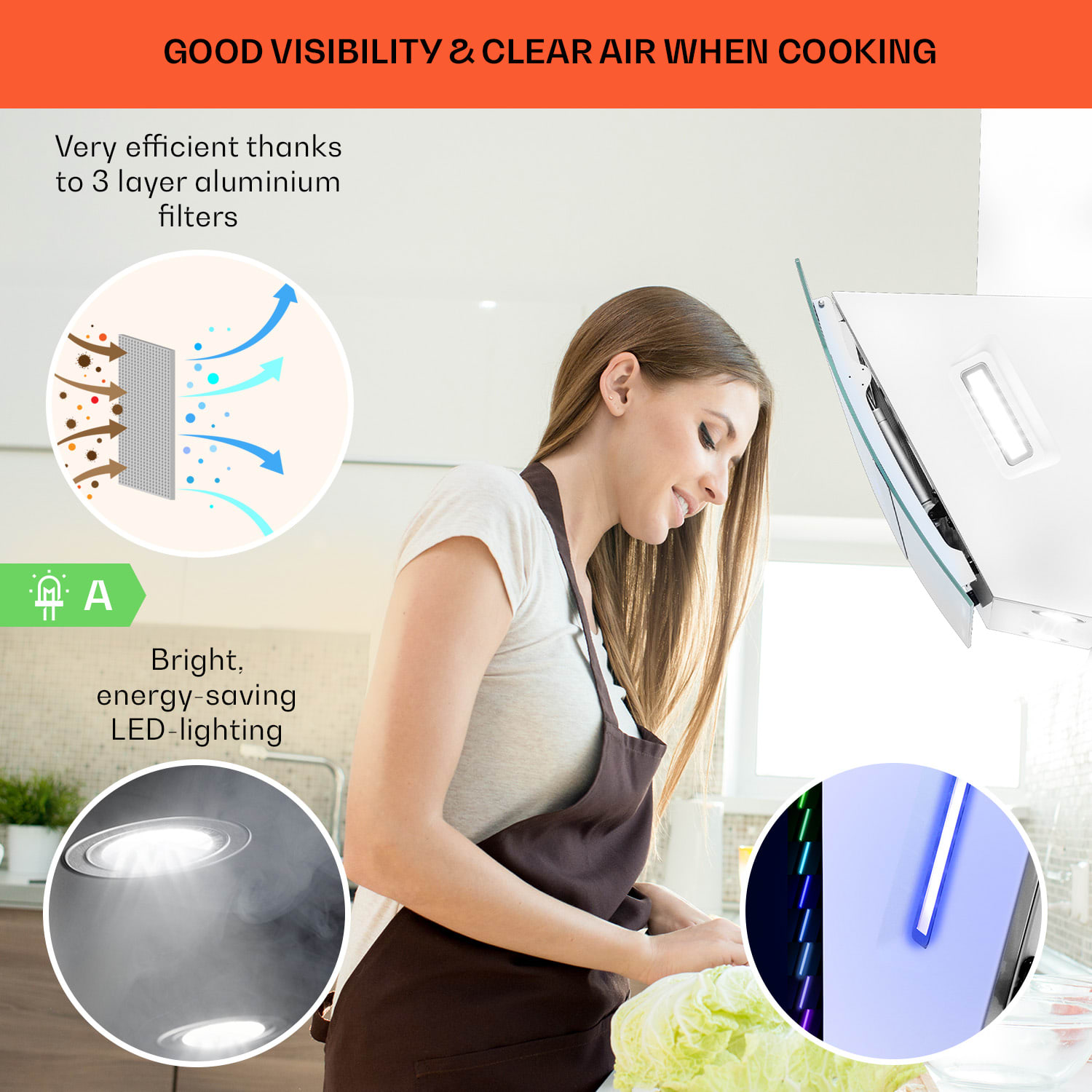 Klarstein Clara 90, digestor, 509 m³/h, dotykový displej, ambientné podsvietenie – Obrázok 3