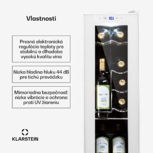 Klarstein Shiraz 12 Slim, vinotéka, 32 l, 12 fliaš, 85 W, 5–18°C, dotykový ovládací panel