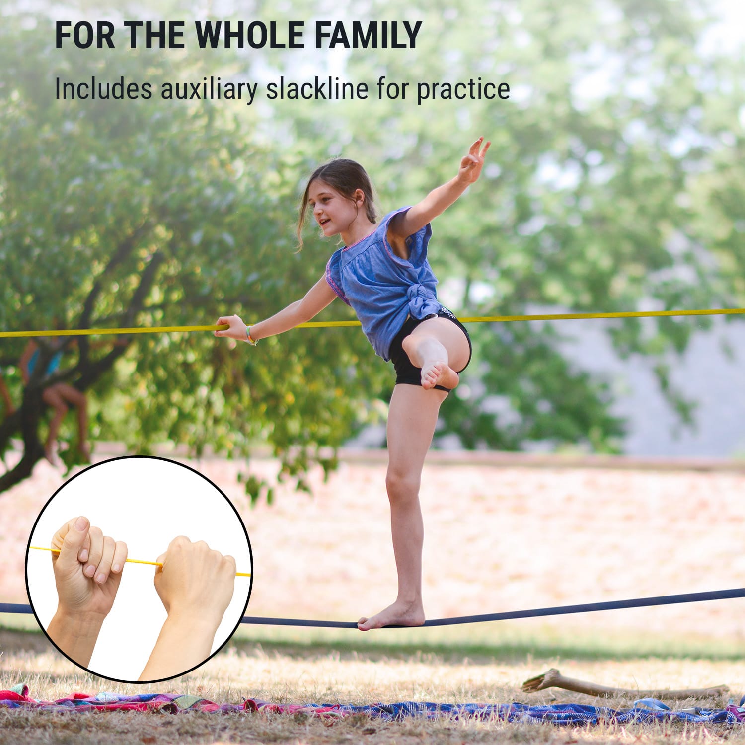 KLARFIT Antero Slackline, 15 m x 5 cm, 2,5 m račňové lano, 2 x chrániče stromu, vrátane pomocnej slackline a tašky na prenášanie – Obrázok 3