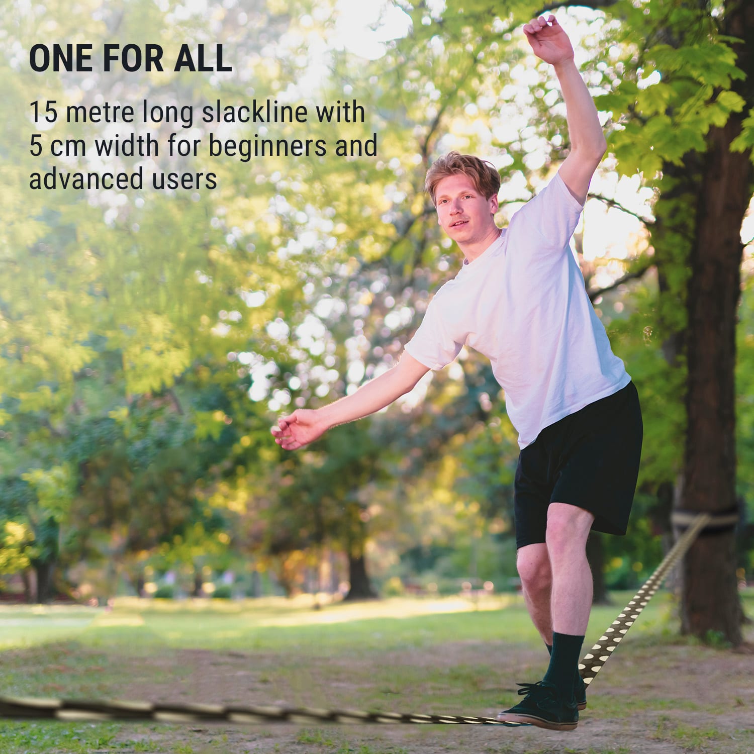 KLARFIT Antero Slackline, 15 m x 5 cm, 2,5 m račňové lano, 2 x chrániče stromu, vrátane pomocnej slackline a tašky na prenášanie