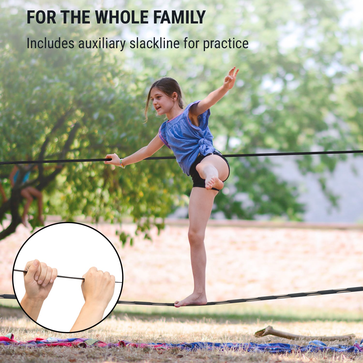 KLARFIT Antero Slackline, 15 m x 5 cm, 2,5 m račňové lano, 2 x chrániče stromu, vrátane pomocnej slackline a tašky na prenášanie – Obrázok 3