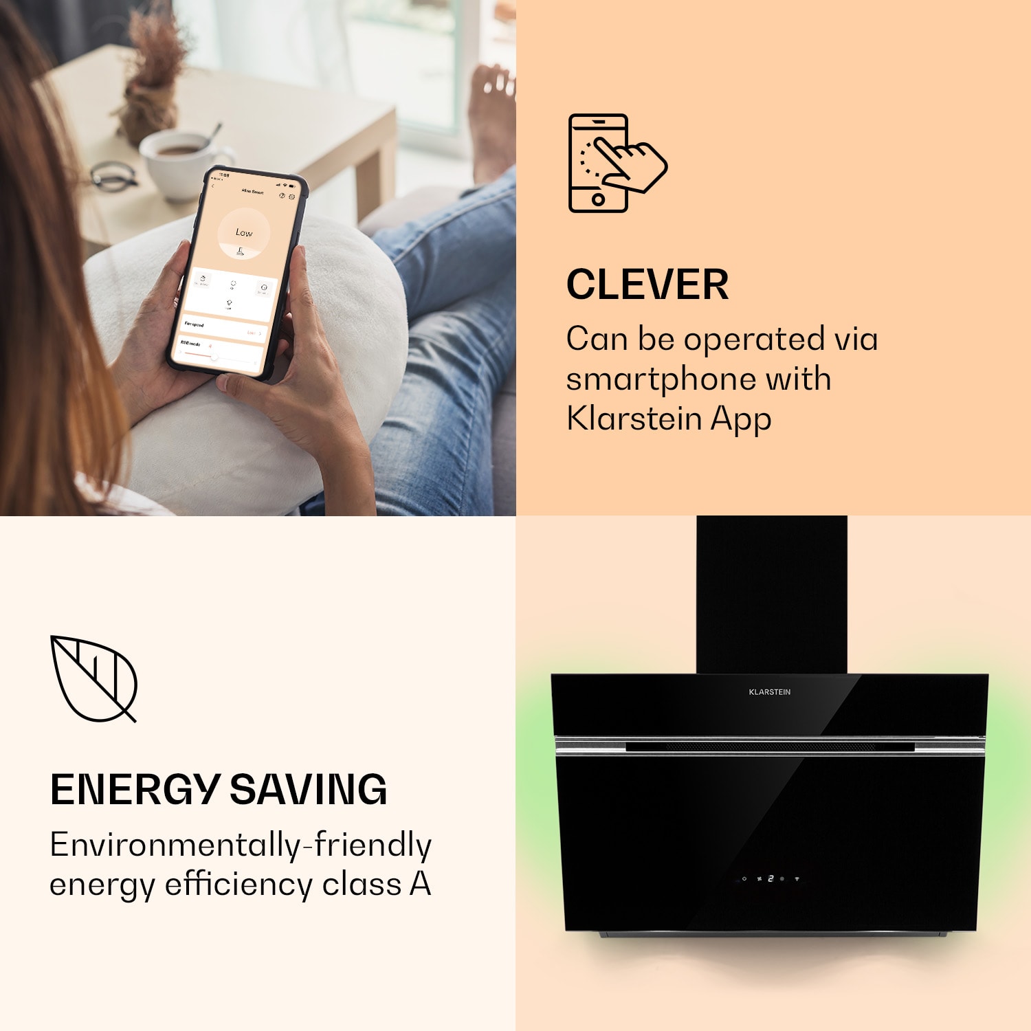 Klarstein Alina 60 Smart, digestor, 60 cm, nástenný, 600 m³/h, LED podsvietenie, skleněné čelo, biely – Obrázok 2