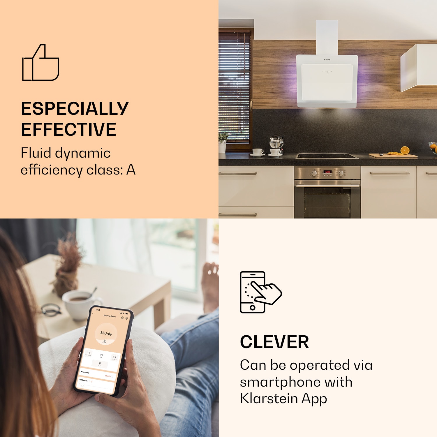 Klarstein Aurora 60 Smart, digestor, 60 cm, komínový, 550 m³/h, LED podsvietenie, A++, biely – Obrázok 2