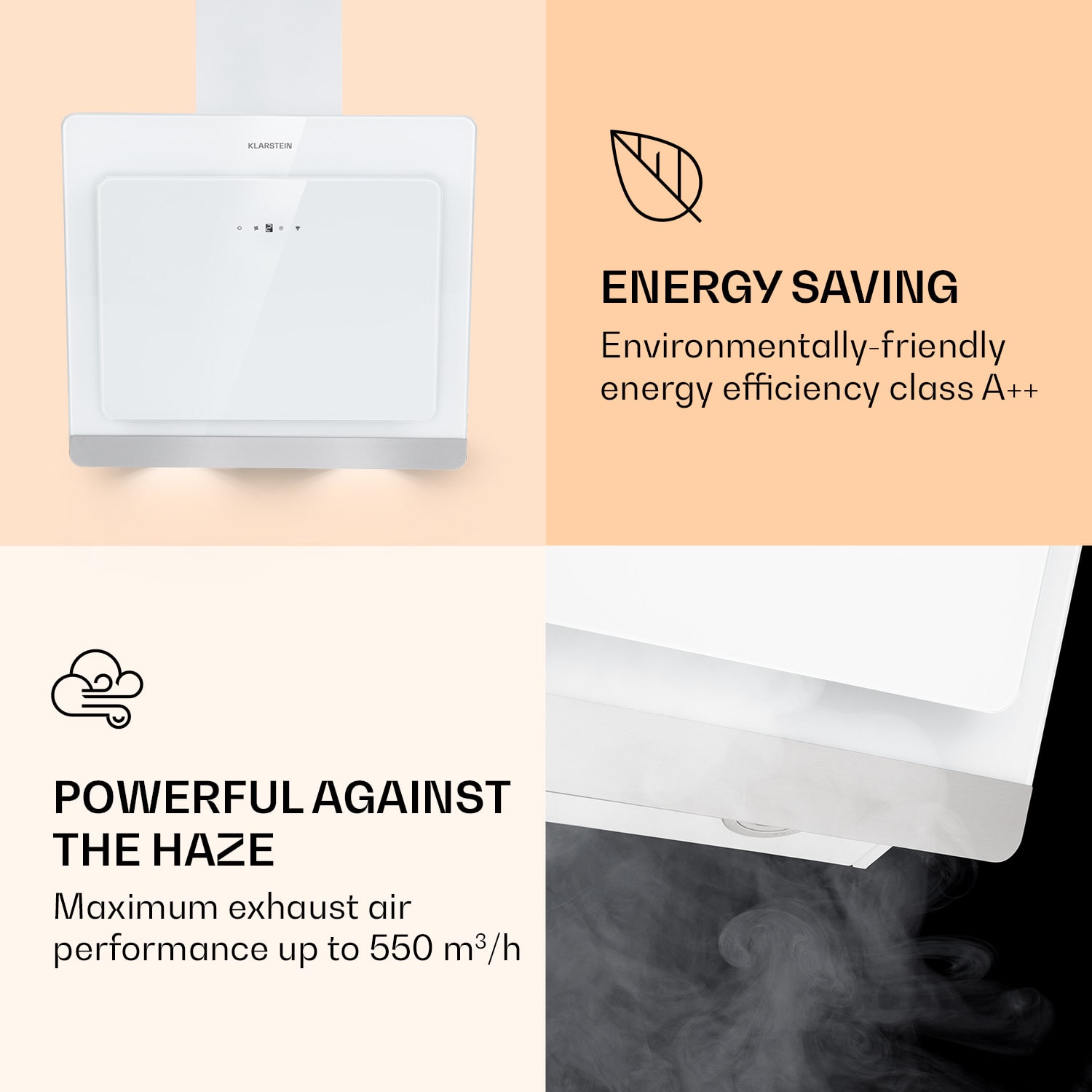 Klarstein Aurora 60 Smart, digestor, 60 cm, komínový, 550 m³/h, LED podsvietenie, A++, biely – Obrázok 3
