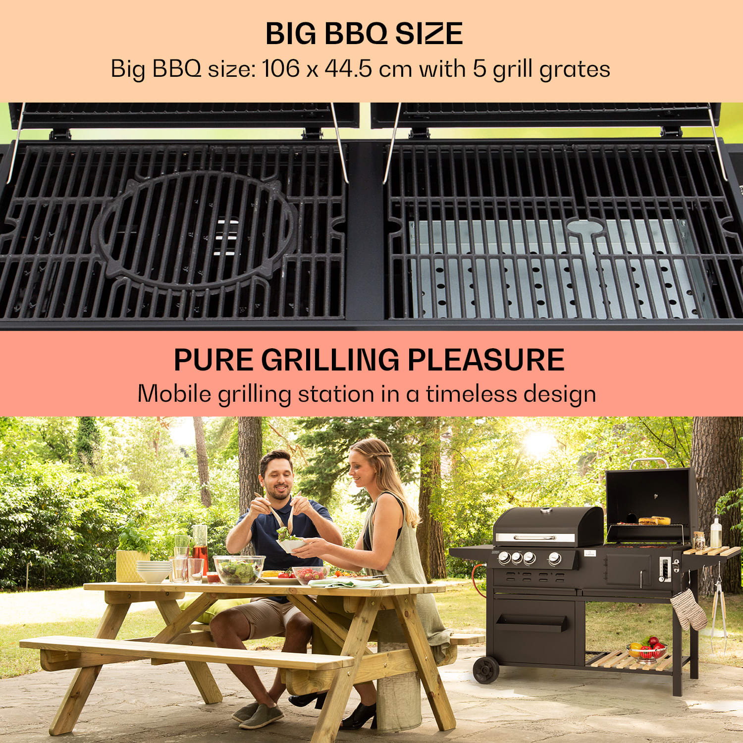 Klarstein Aberdeen, Kombinovaný gril, plyn, drevené uhlie, Údiare,ň Termometer 2 bočné stolíky Mobilný – Obrázok 4
