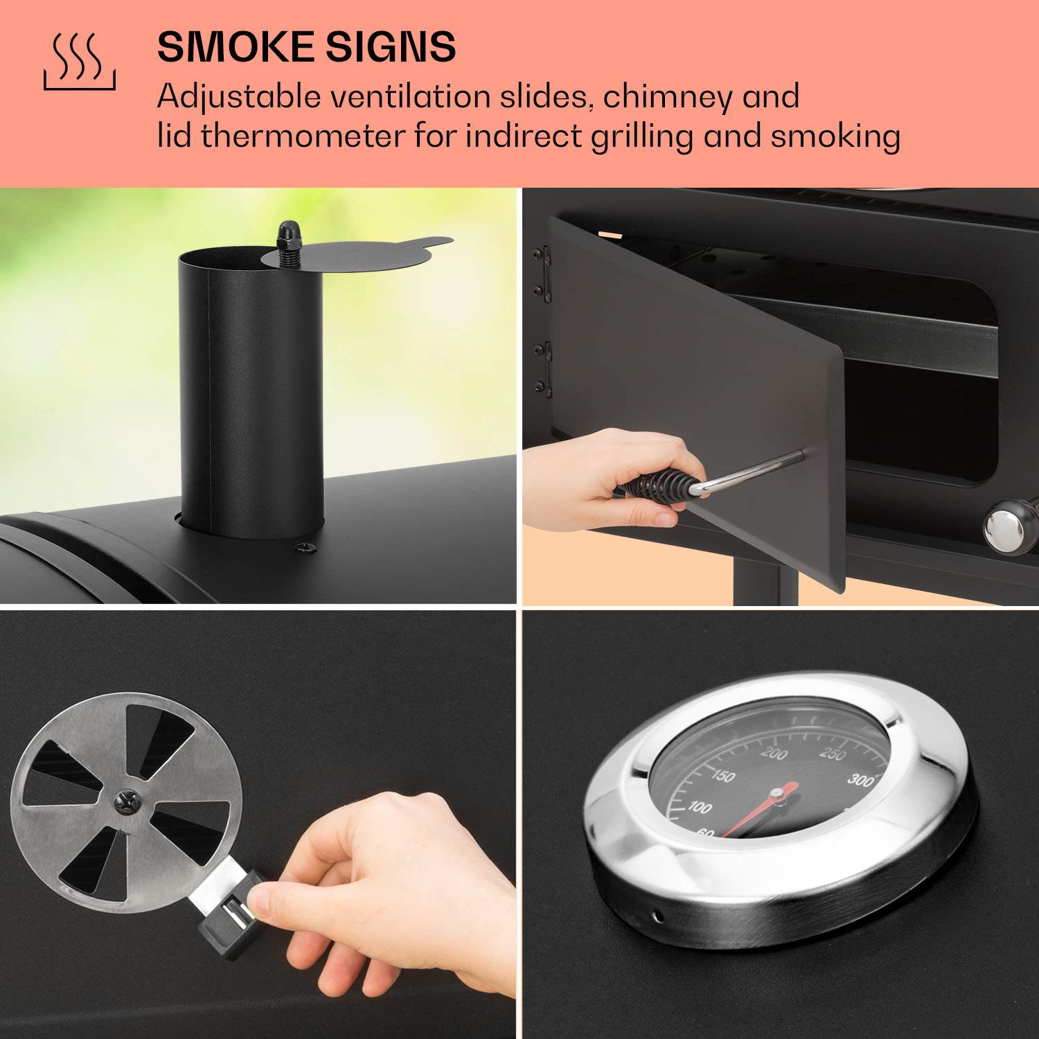 Klarstein Aberdeen, Kombinovaný gril, plyn, drevené uhlie, Údiare,ň Termometer 2 bočné stolíky Mobilný – Obrázok 5