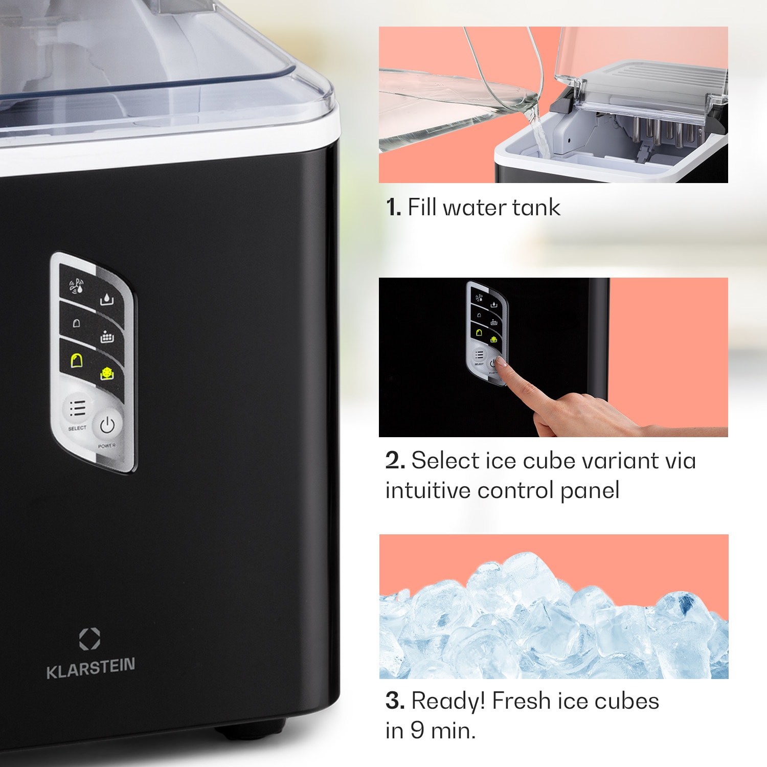 Klarstein Albaron, výrobník ľadu, tvar náboja, 12 kg/24 h, nádrž 1,5 l, displej – Obrázok 3