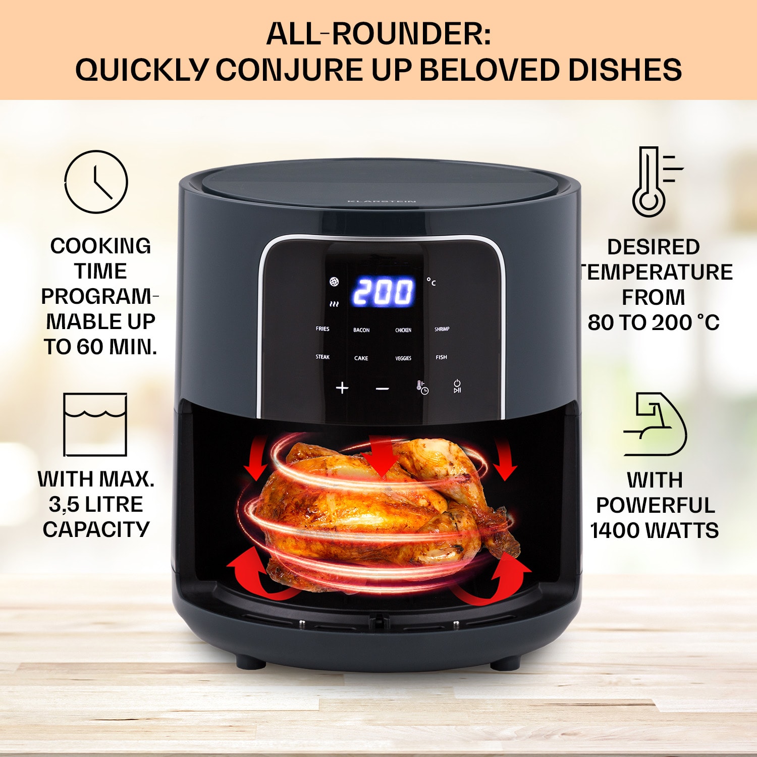 Klarstein Crisp-Pro, teplovzdušná fritéza, 1400 W, 3,5 l, 8 programov, časovač