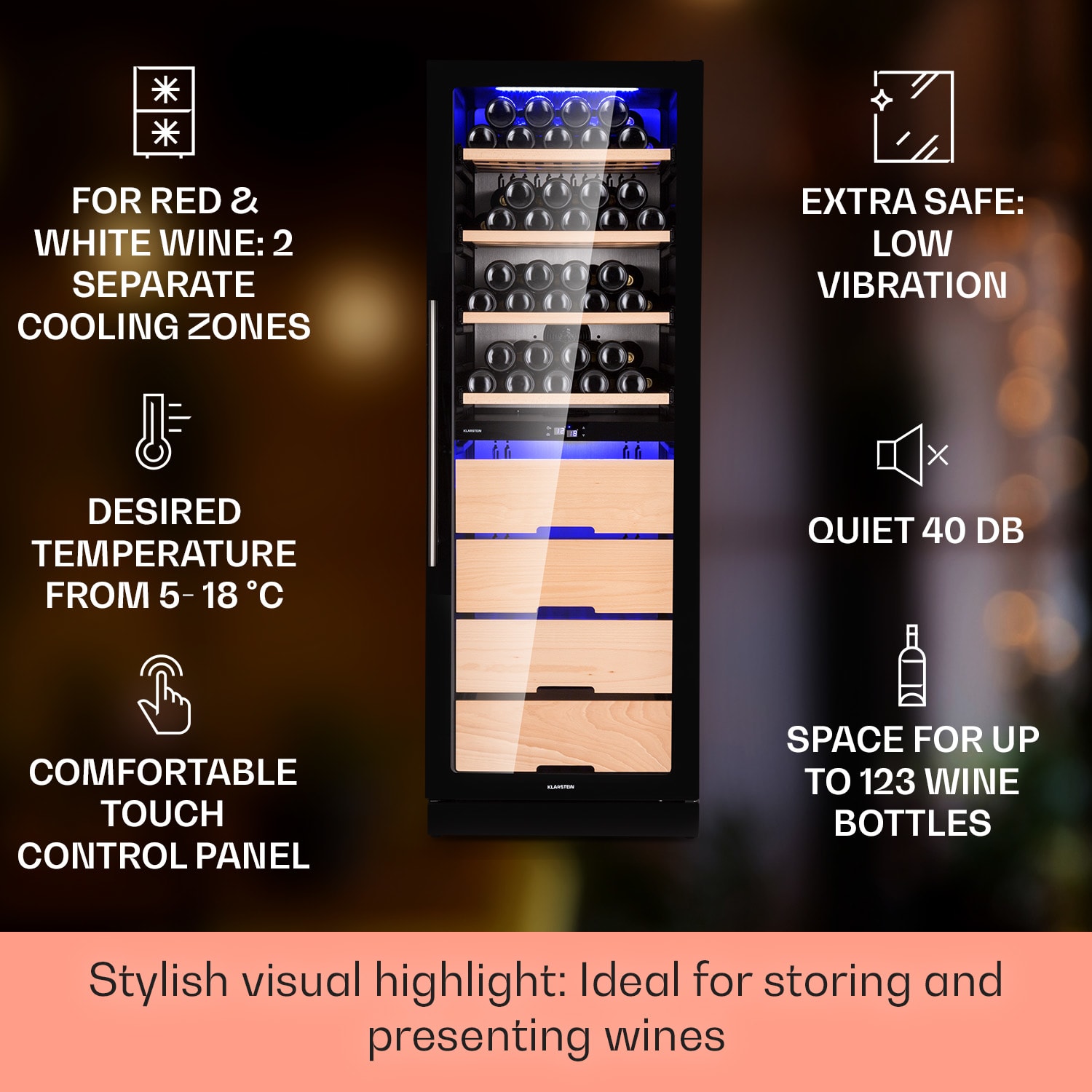 Klarstein Barossa 123 Duo, vinotéka, 226 l, 123 fliaš, 2 zóny, dotykové ovládanie