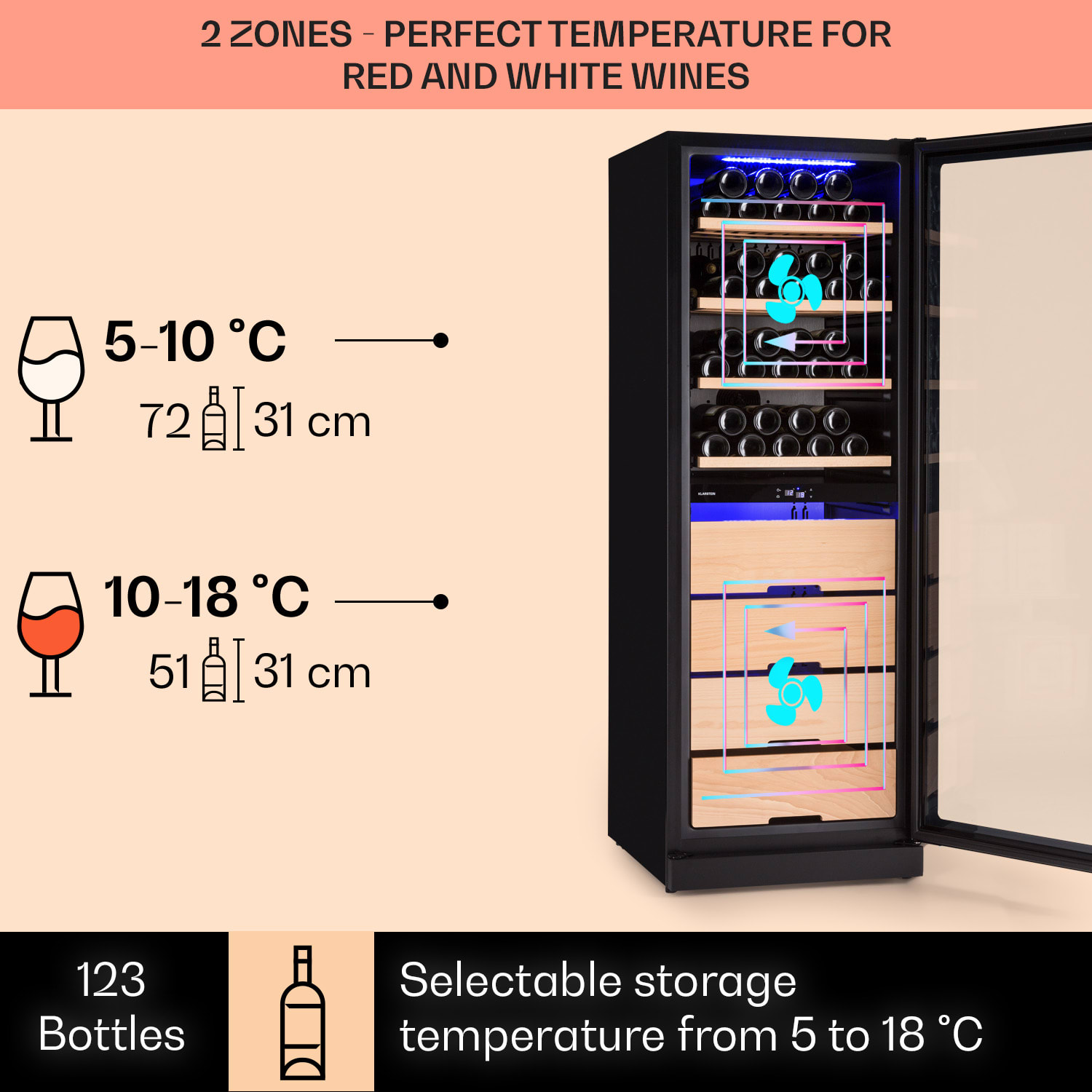 Klarstein Barossa 123 Duo, vinotéka, 226 l, 123 fliaš, 2 zóny, dotykové ovládanie – Obrázok 2