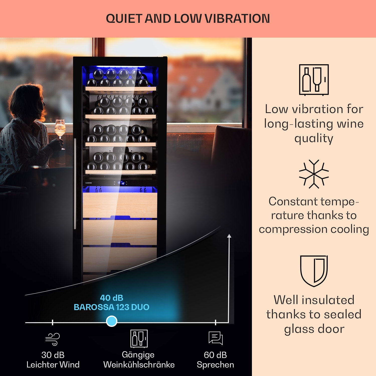 Klarstein Barossa 123 Duo, vinotéka, 226 l, 123 fliaš, 2 zóny, dotykové ovládanie – Obrázok 3