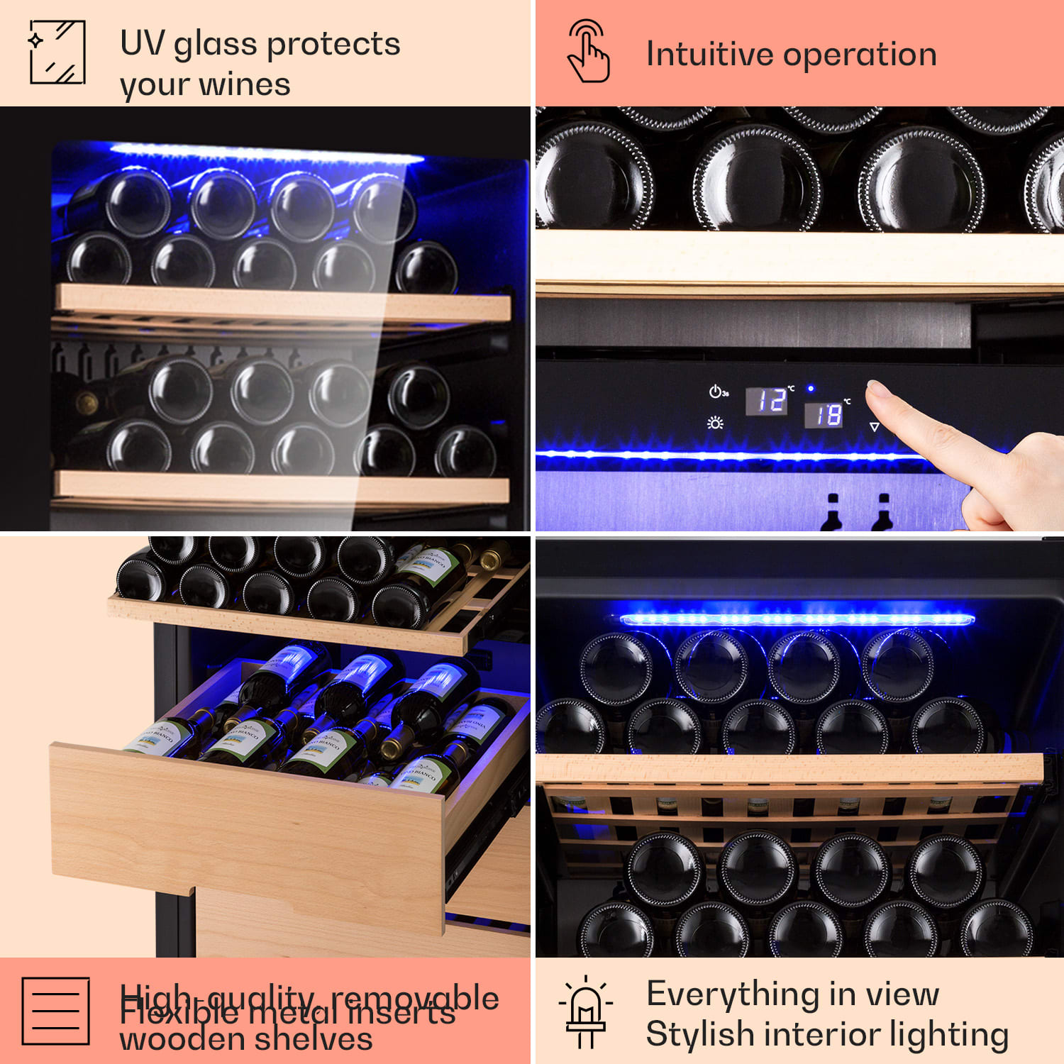 Klarstein Barossa 123 Duo, vinotéka, 226 l, 123 fliaš, 2 zóny, dotykové ovládanie – Obrázok 4