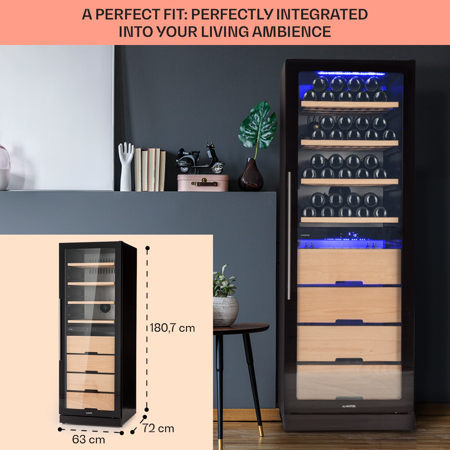 Klarstein Barossa 123 Duo, vinotéka, 226 l, 123 fliaš, 2 zóny, dotykové ovládanie – Obrázok 5