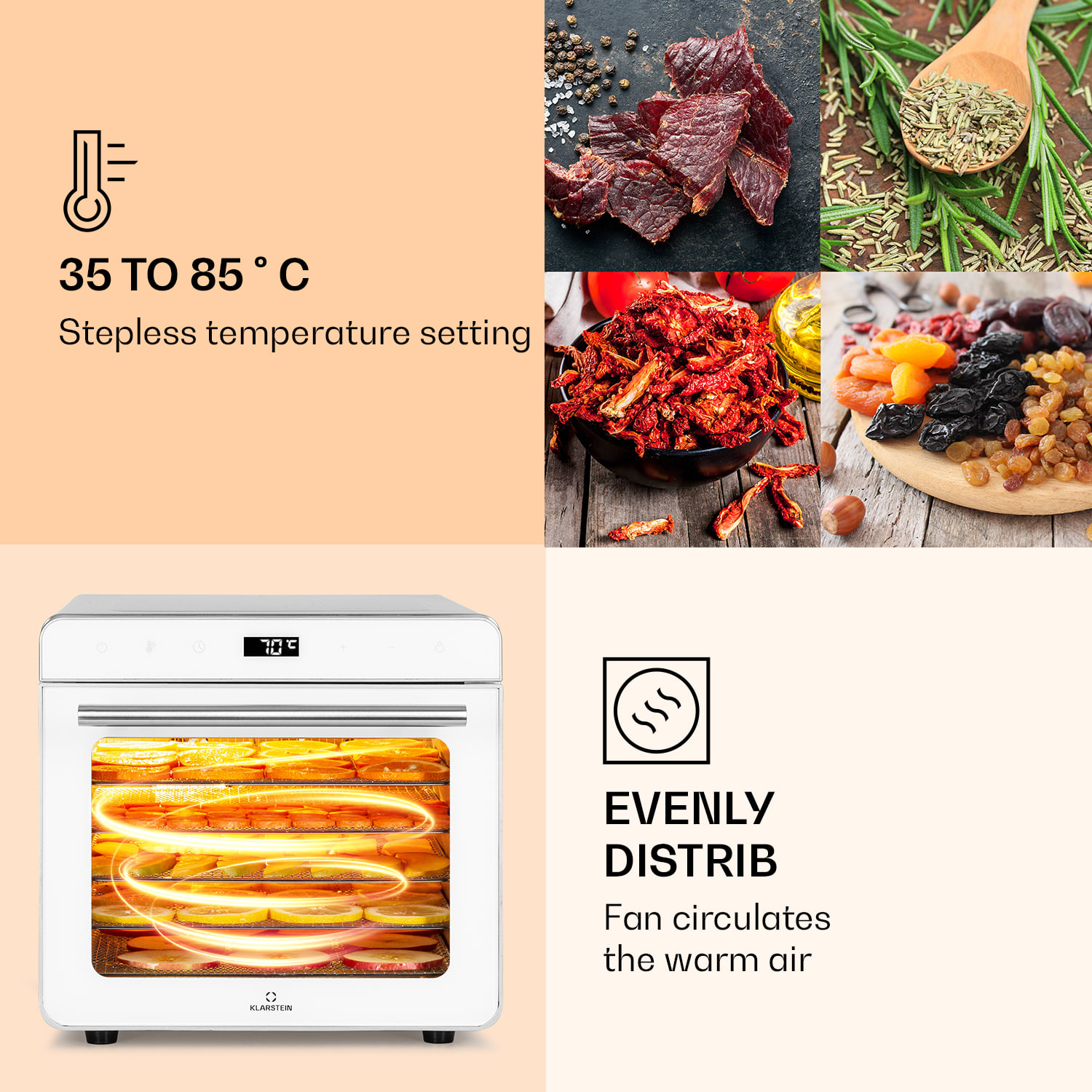 Klarstein Shaftesbury, automatická sušička potravín, 700 W, 35-85°C, časovač, digitálny dotykový displej – Obrázok 3