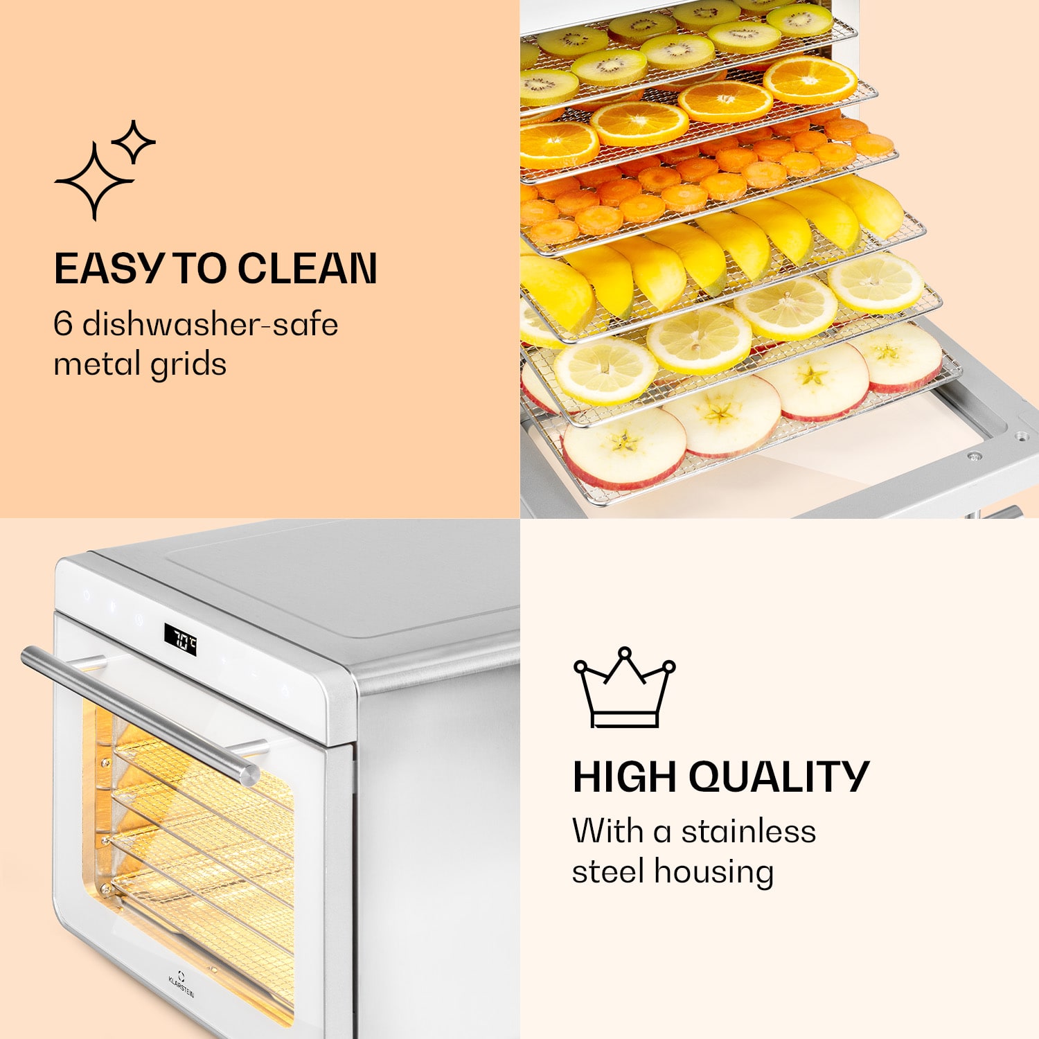 Klarstein Shaftesbury, automatická sušička potravín, 700 W, 35-85°C, časovač, digitálny dotykový displej – Obrázok 4