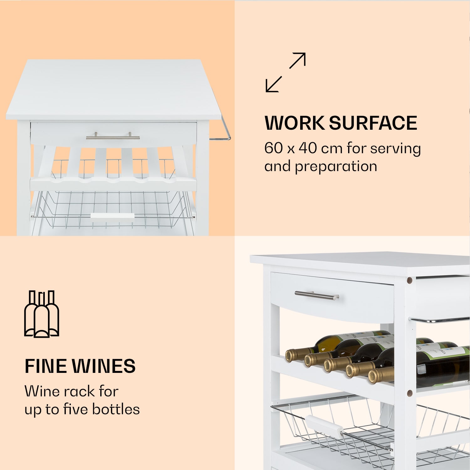 Klarstein Louisiana, servírovací vozík, kuchynský vozík, 5 poschodí, drevený držiak na utierky, mobilný – Obrázok 2