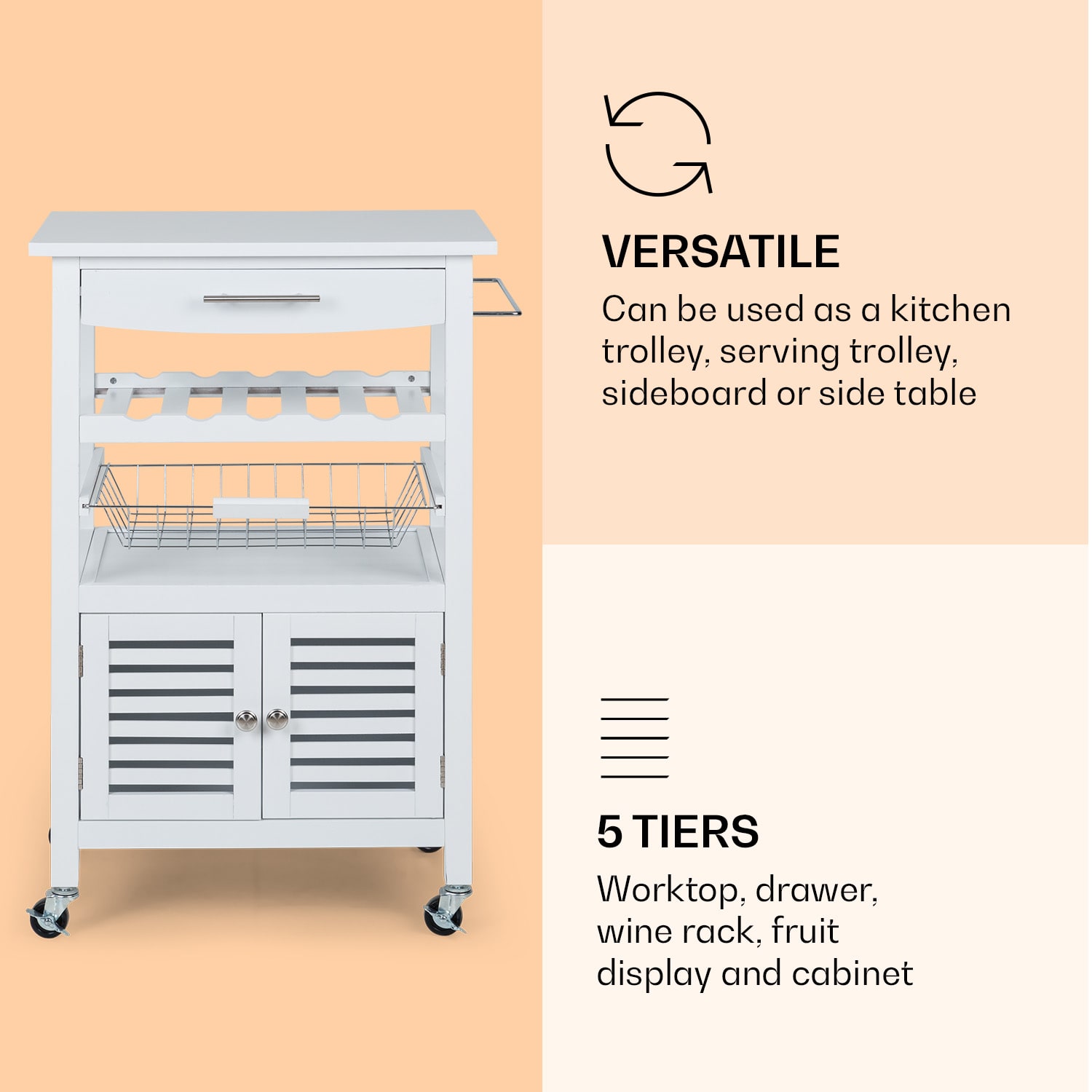 Klarstein Louisiana, servírovací vozík, kuchynský vozík, 5 poschodí, drevený držiak na utierky, mobilný – Obrázok 3