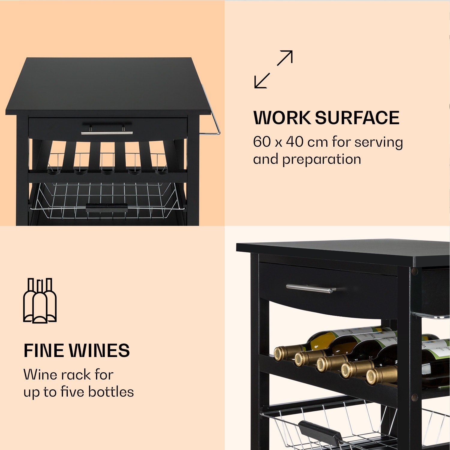 Klarstein Louisiana, servírovací vozík, kuchynský vozík, 5 poschodí, drevený držiak na utierky, mobilný – Obrázok 2