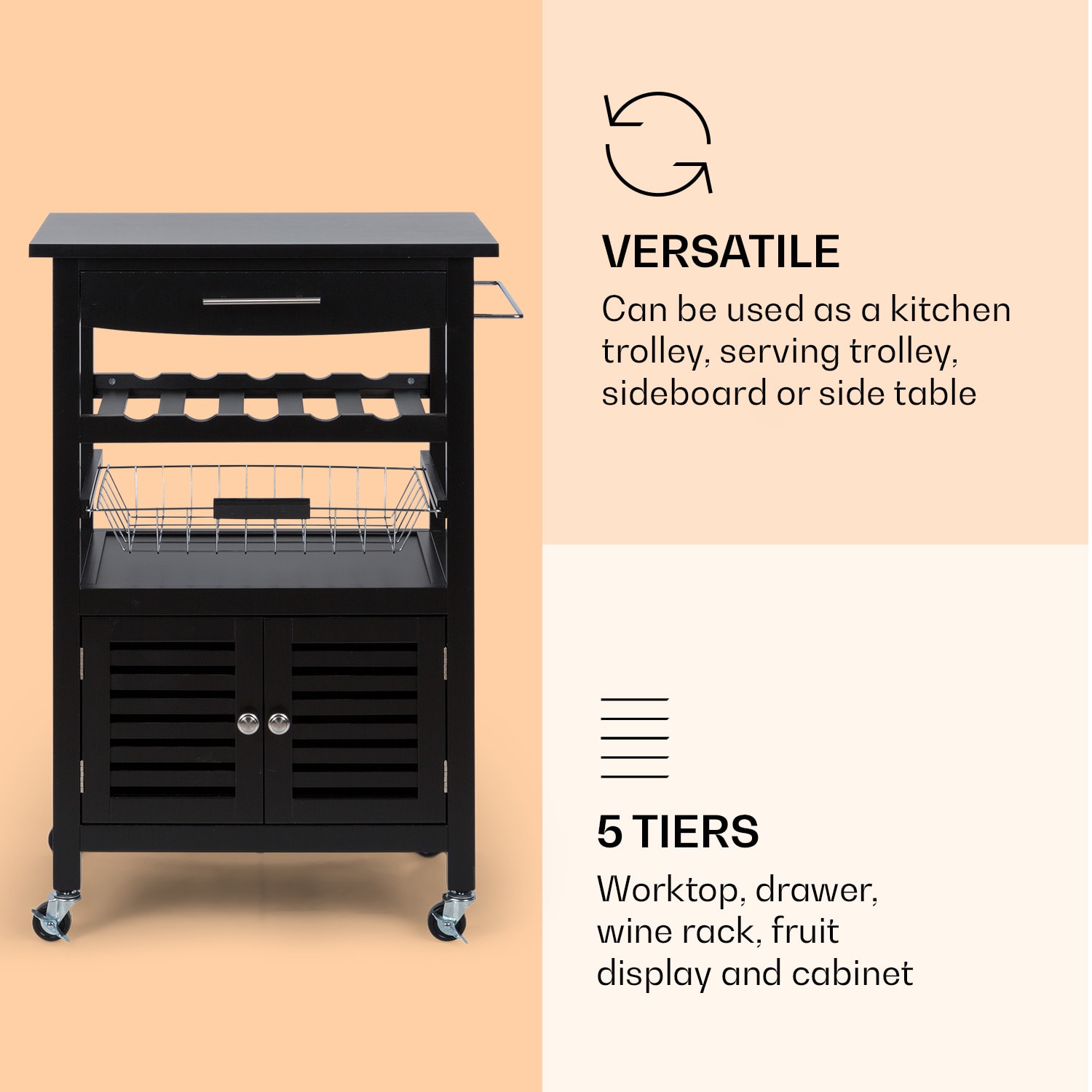 Klarstein Louisiana, servírovací vozík, kuchynský vozík, 5 poschodí, drevený držiak na utierky, mobilný – Obrázok 3