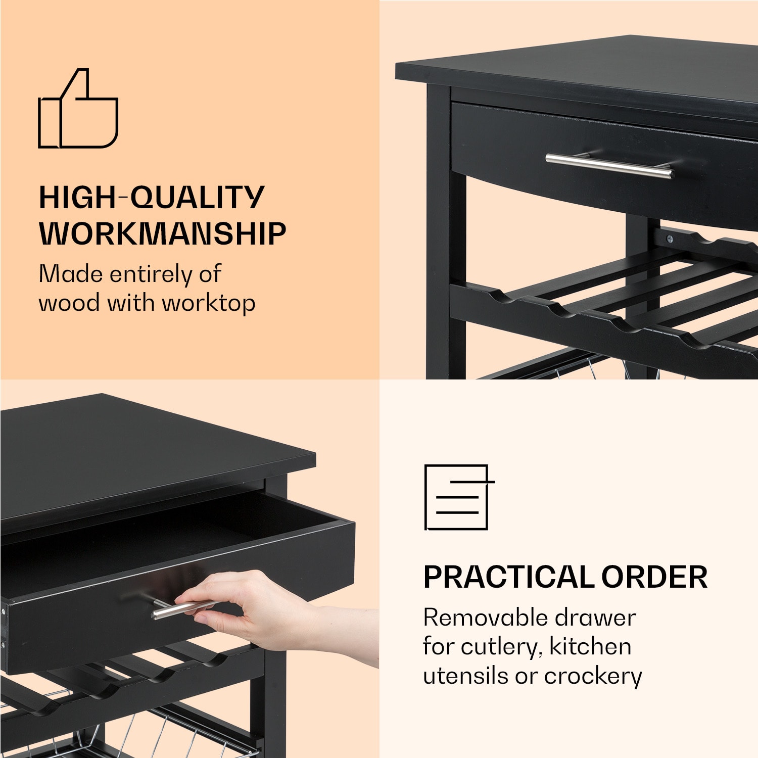 Klarstein Louisiana, servírovací vozík, kuchynský vozík, 5 poschodí, drevený držiak na utierky, mobilný – Obrázok 4