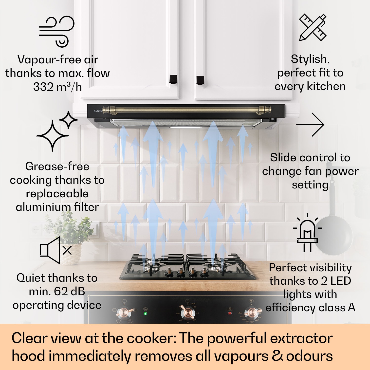 Klarstein Vilhelmine 60 Retro, digestor, 60 cm, vstavaný, 332 m³/h, B, LED, čierny