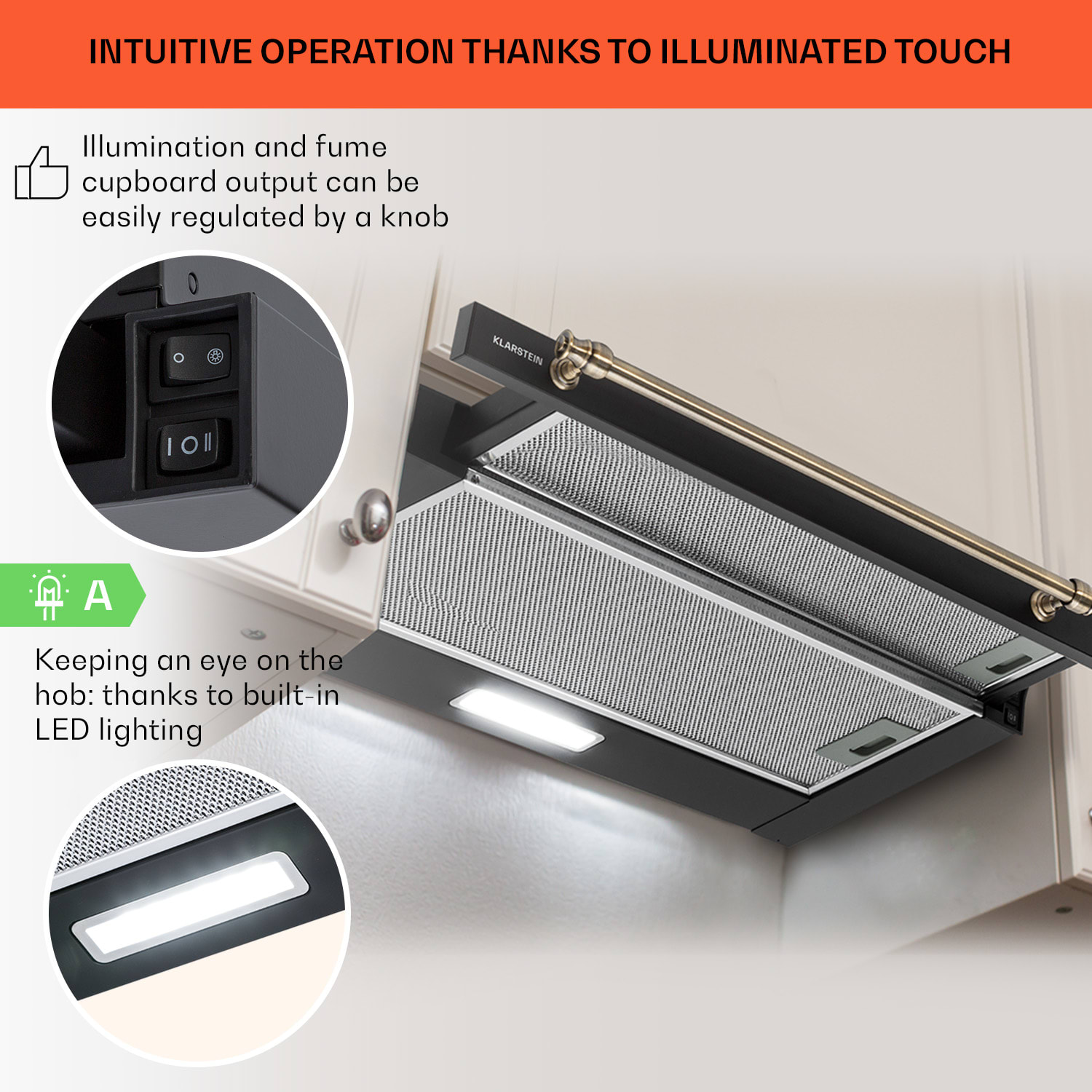 Klarstein Vilhelmine 60 Retro, digestor, 60 cm, vstavaný, 332 m³/h, B, LED, čierny – Obrázok 3