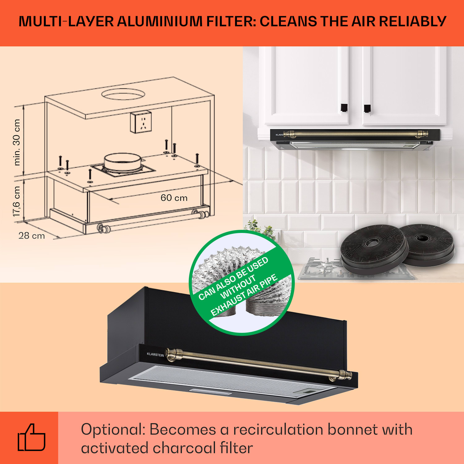 Klarstein Vilhelmine 60 Retro, digestor, 60 cm, vstavaný, 332 m³/h, B, LED, čierny – Obrázok 4