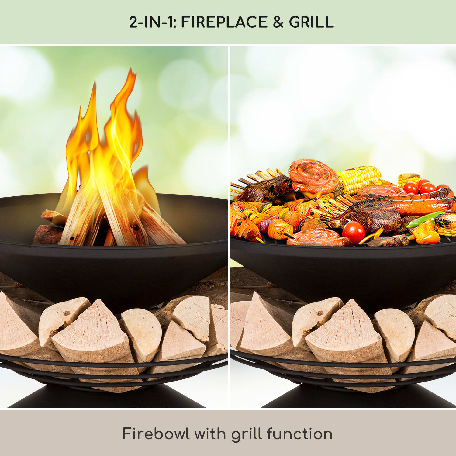 Blumfeldt Aguilera, ohnisko s grilom, Ø 65 cm, úložný priestor na drevo, oceľ