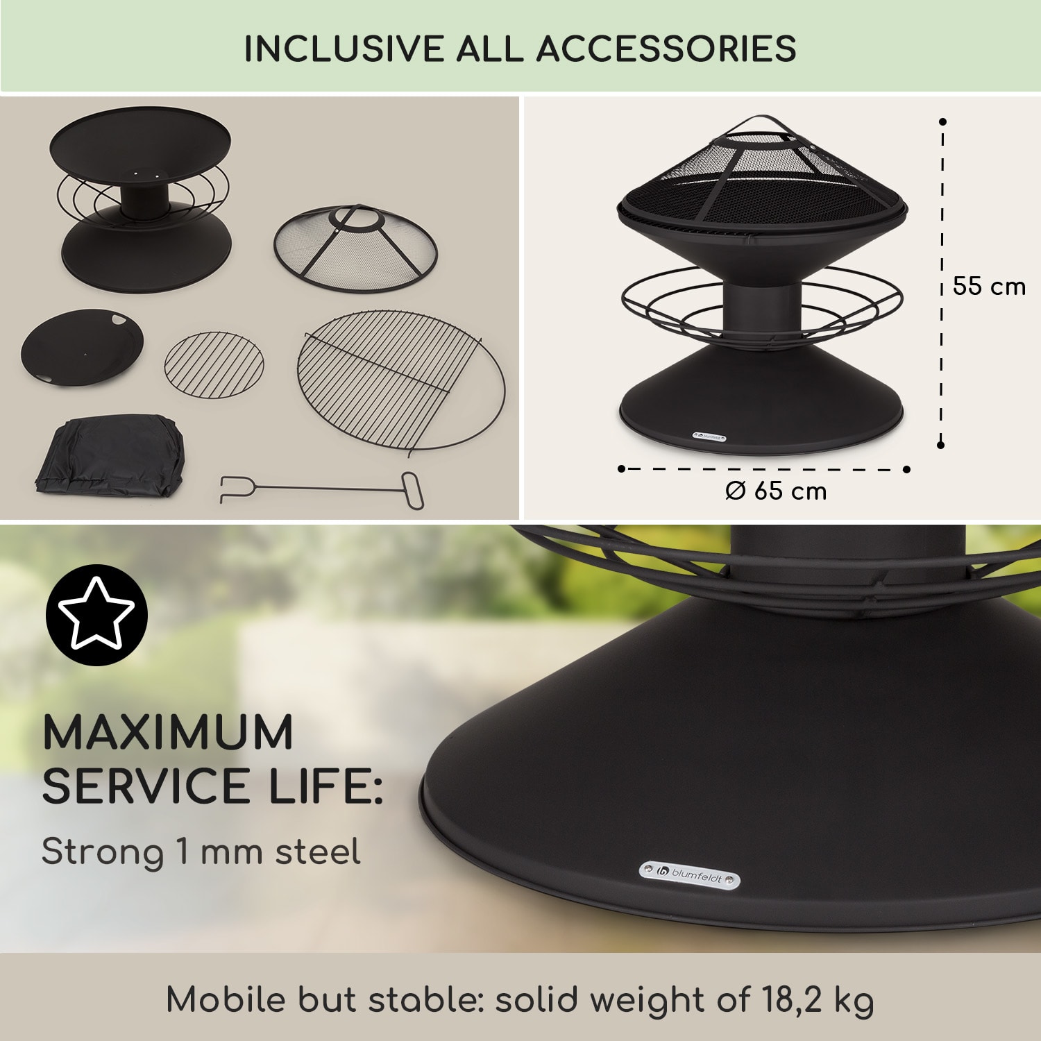 Blumfeldt Aguilera, ohnisko s grilom, Ø 65 cm, úložný priestor na drevo, oceľ – Obrázok 4