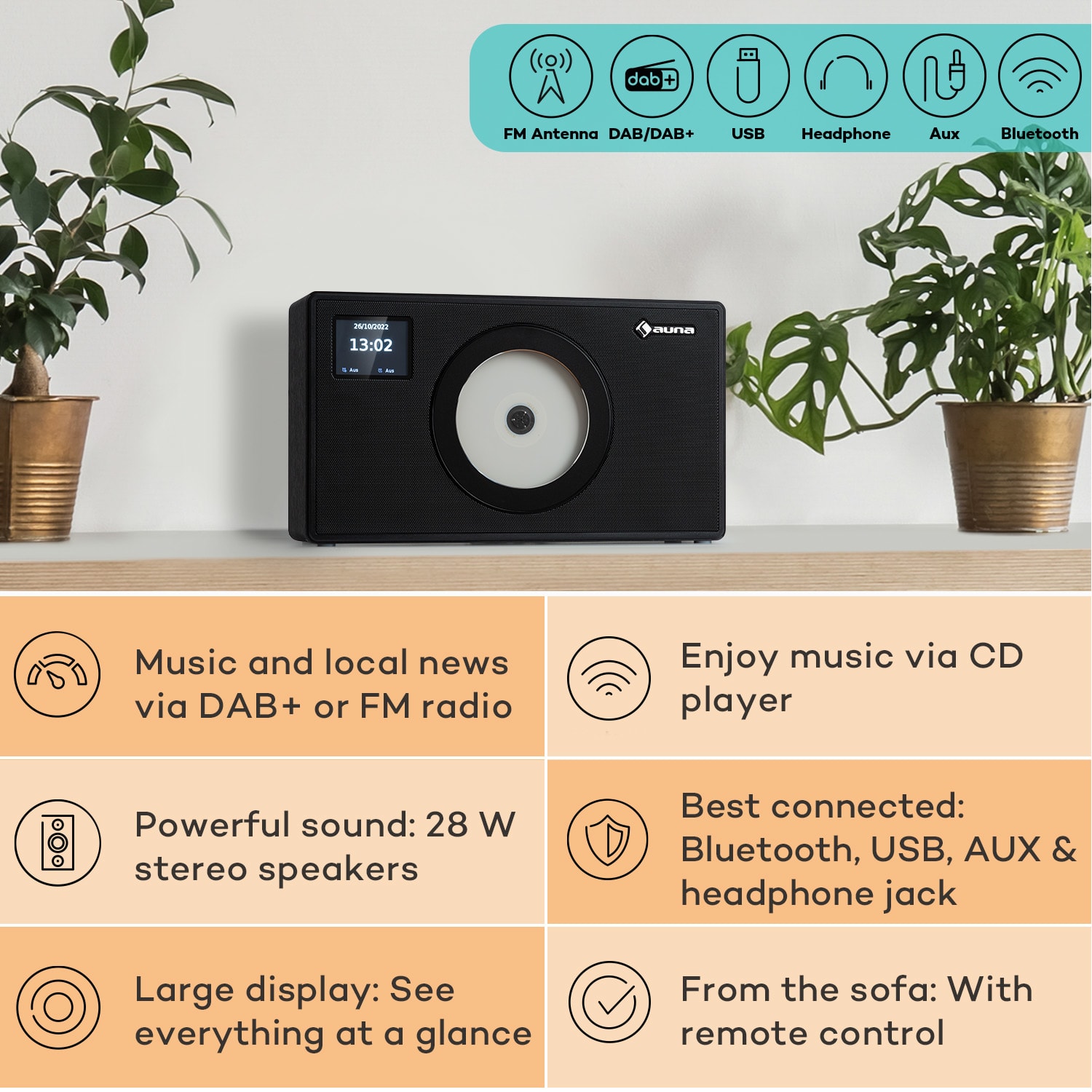 Auna Vertico Swing DAB | DAB+ rádio so Swing CD prehrávačom | FM/DAB+ | AUX | BT | USB