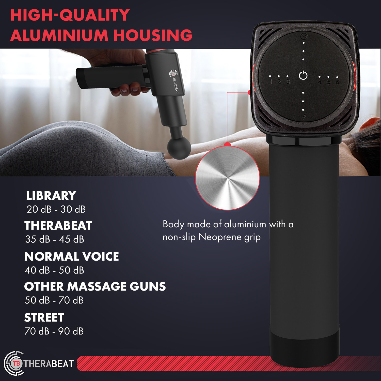 Therabeat Tofta, masážna pištoľ, neoprénová rukoväť, 220 W, 1300 - 3300 ot./min 6 úrovní 6 nástavcov – Obrázok 5