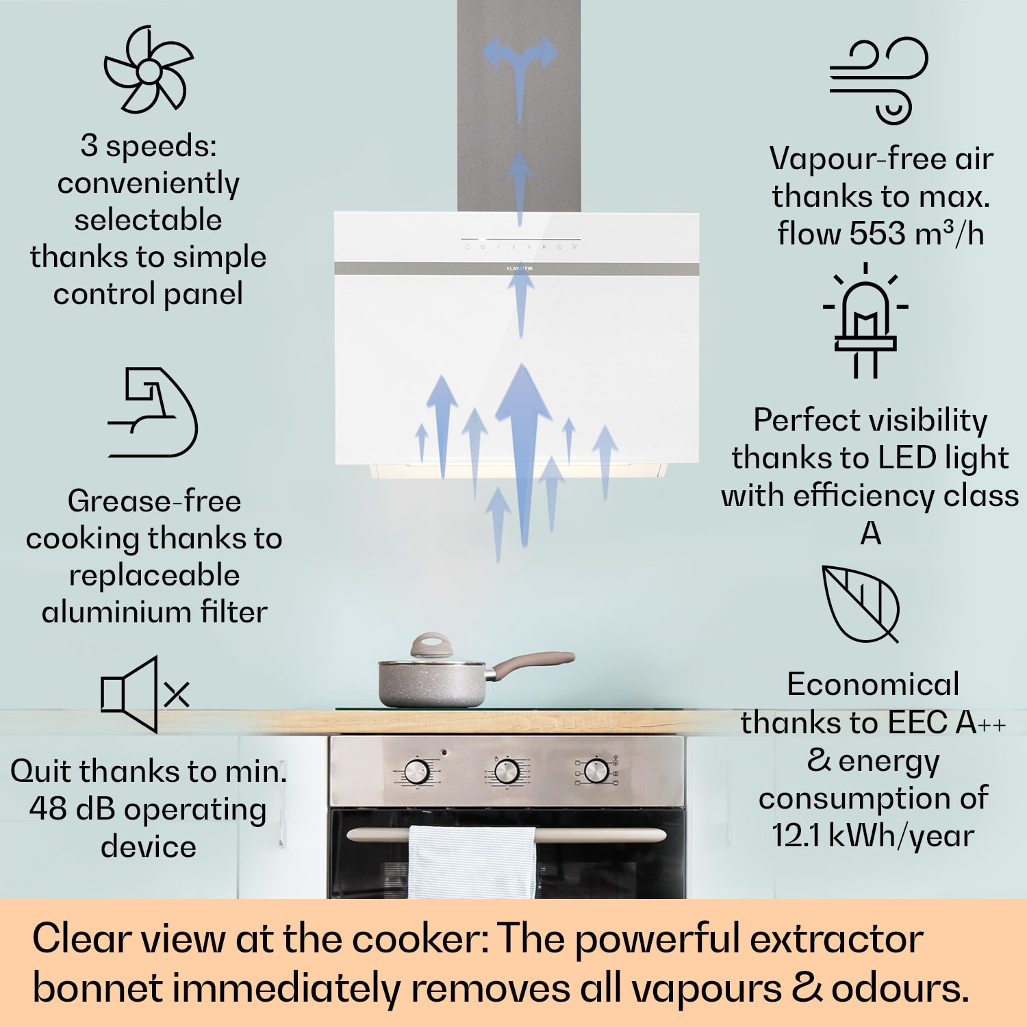 Klarstein Ava 60 Smart, digestor, 60cm, nástenný, WiFi, A++, 515 m³/h, dotykový displej
