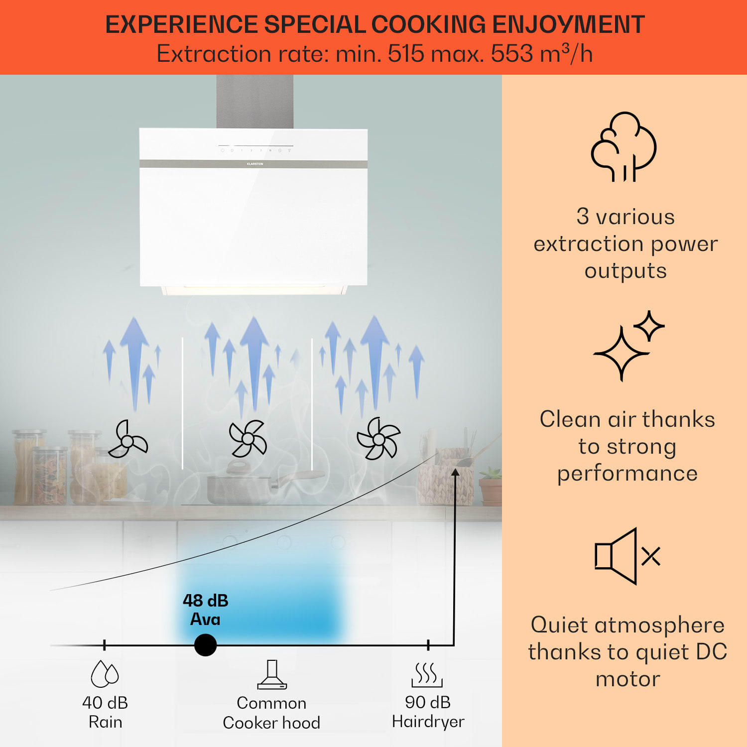 Klarstein Ava 60 Smart, digestor, 60cm, nástenný, WiFi, A++, 515 m³/h, dotykový displej – Obrázok 2