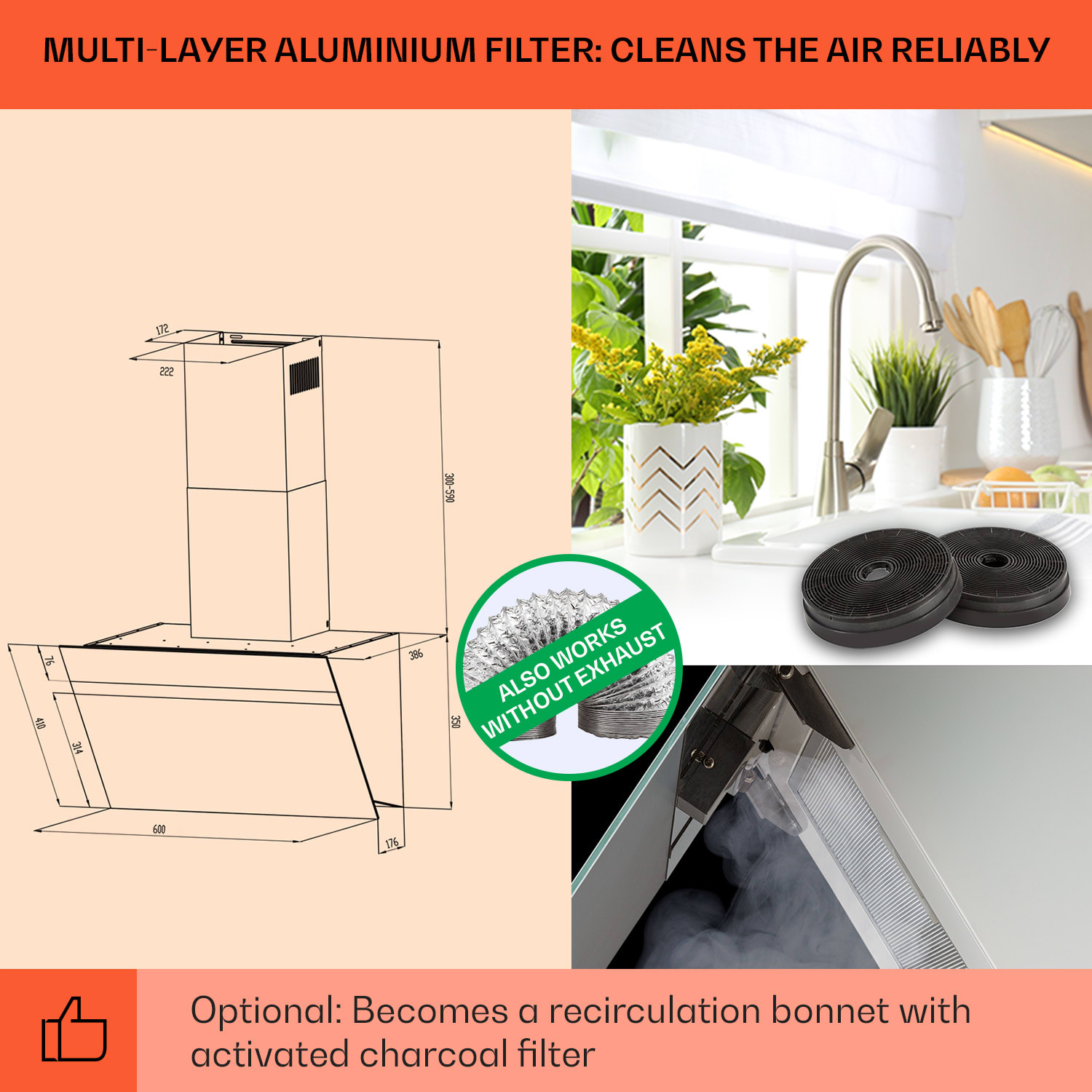 Klarstein Ava 60 Smart, digestor, 60cm, nástenný, WiFi, A++, 515 m³/h, dotykový displej – Obrázok 4