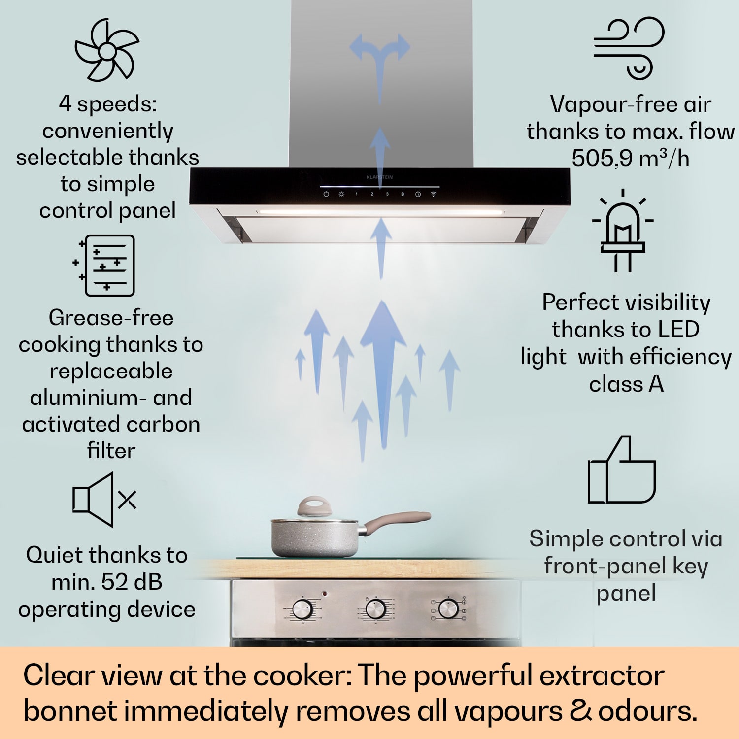 Klarstein Alinea 60 Smart, digestor, 60 cm, nástenný, WiFi, A++, 500 m³/h, dotykový displej