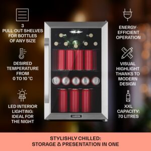 Klarstein Beersafe 70 Craft Beer Edition, chladnička, 70 l, 3 police, panoramatické sklenené dvere, nehrdzavejúca oceľ