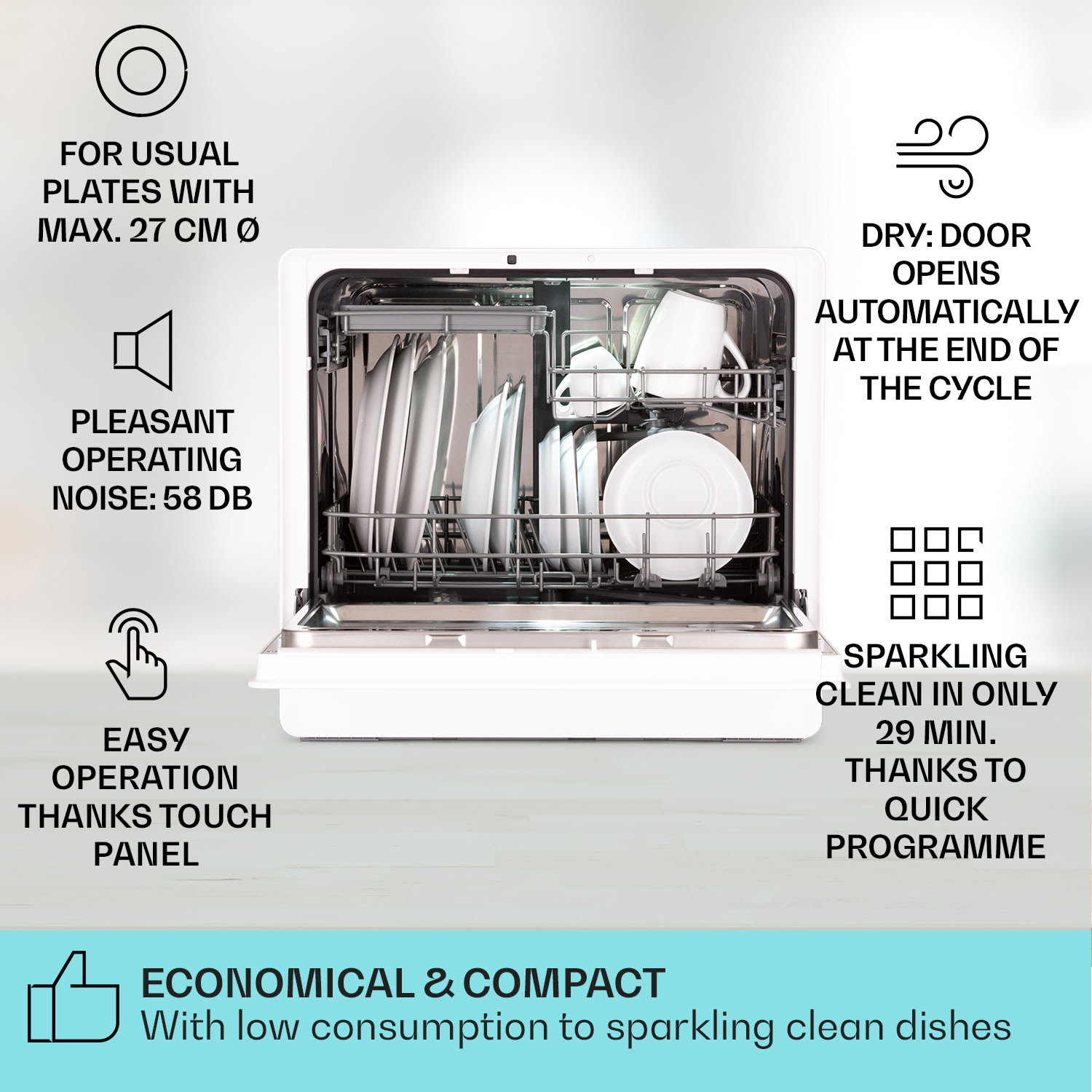 Klarstein Emerald 5 Slim, umývačka riadu, voľne stojaca, 7 programov, dotykové ovládanie