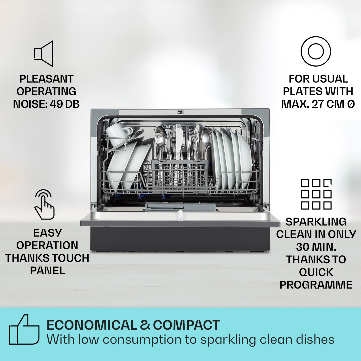 Klarstein Amazonia 6, umývačka riadu, 1300 W, na 6 súprav riadu, energet. trieda F, 49 dB, tlačidlové ovládanie