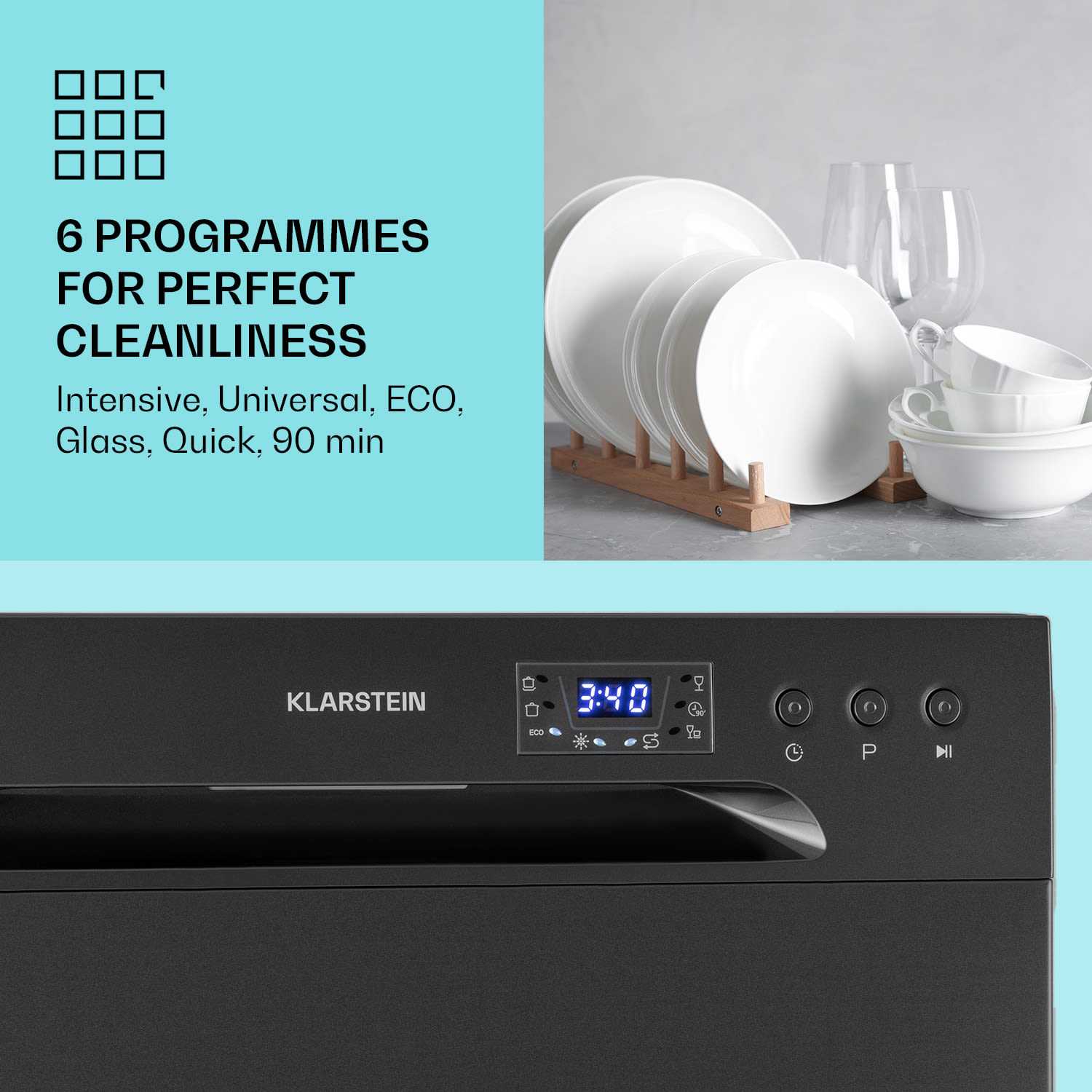 Klarstein Amazonia 6, umývačka riadu, 1300 W, na 6 súprav riadu, energet. trieda F, 49 dB, tlačidlové ovládanie – Obrázok 2