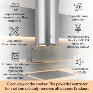 Klarstein Bolea, digestor, 38 cm, ostrovčekový, 600 m³/h, LED, filtre s aktívnym uhlím, nehrdzavejúca oceľ