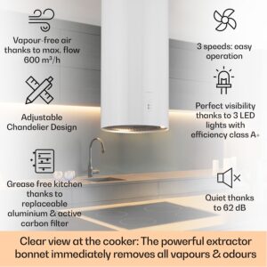 Klarstein Bolea, digestor, 38 cm, ostrovčekový, 600 m³/h, LED, filtre s aktívnym uhlím, nehrdzavejúca oceľ