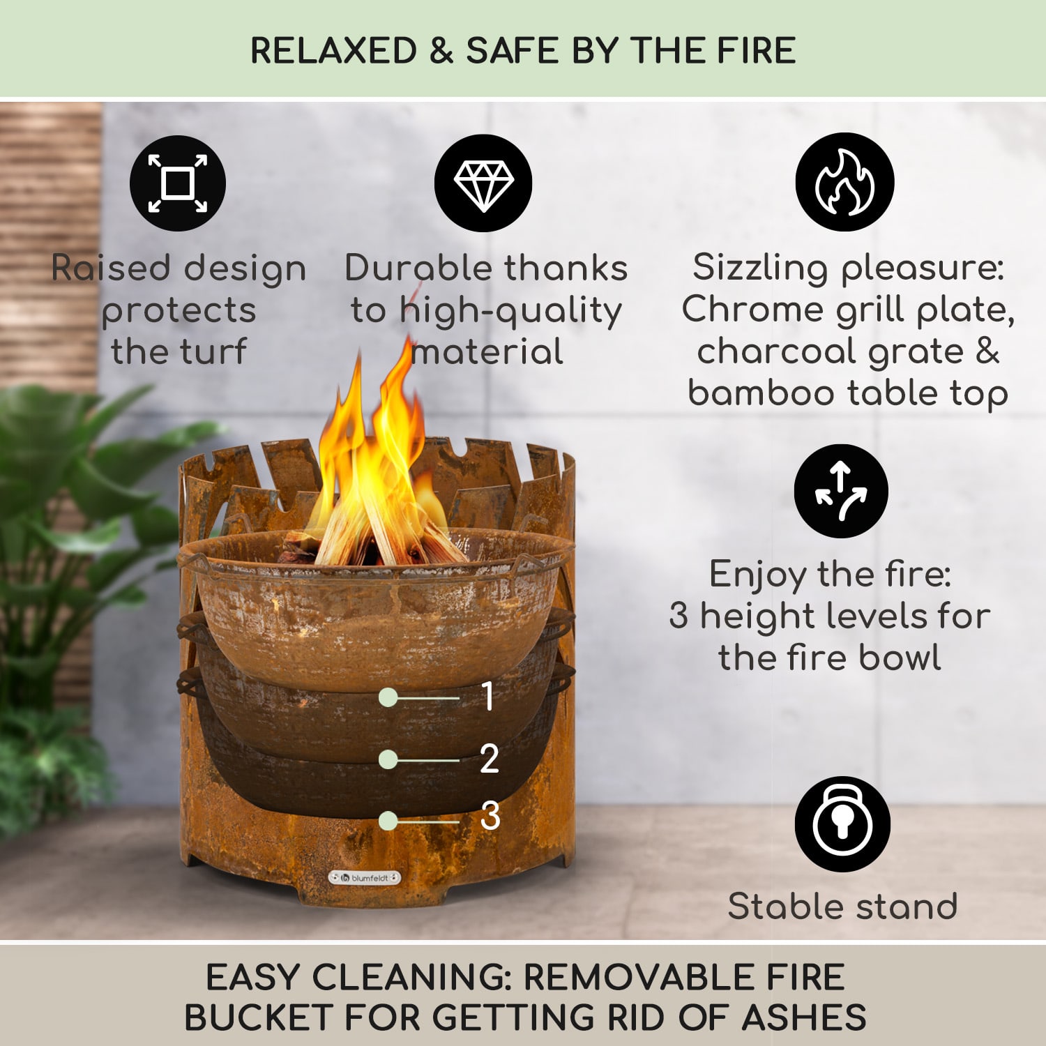 Blumfeldt Crown, ohnisko 3 v 1, Ø 46 cm, odolné voči vode a mrazu, grilovacia doska, grilovací rošt, bambusová doska – Obrázok 2