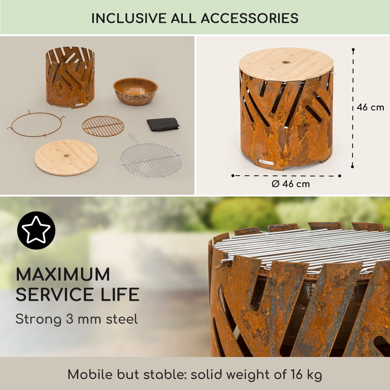 Blumfeldt Crown, ohnisko 3 v 1, Ø 46 cm, odolné voči vode a mrazu, grilovacia doska, grilovací rošt, bambusová doska – Obrázok 4