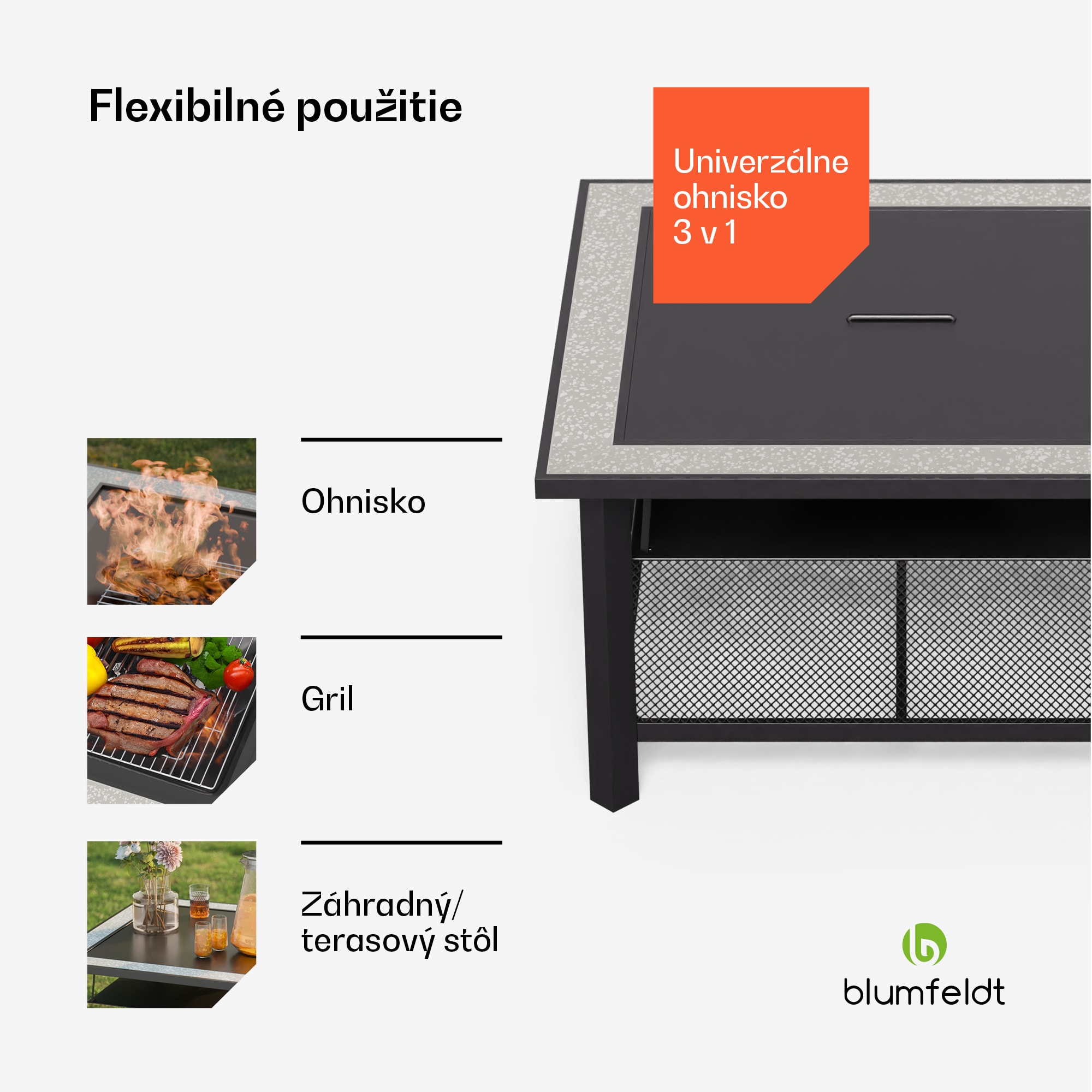 Blumfeldt Merano Avanzato 3 v 1, ohnisko s funkciou grilu, dá sa použiť ako stôl, 87 x 87 cm – Obrázok 2