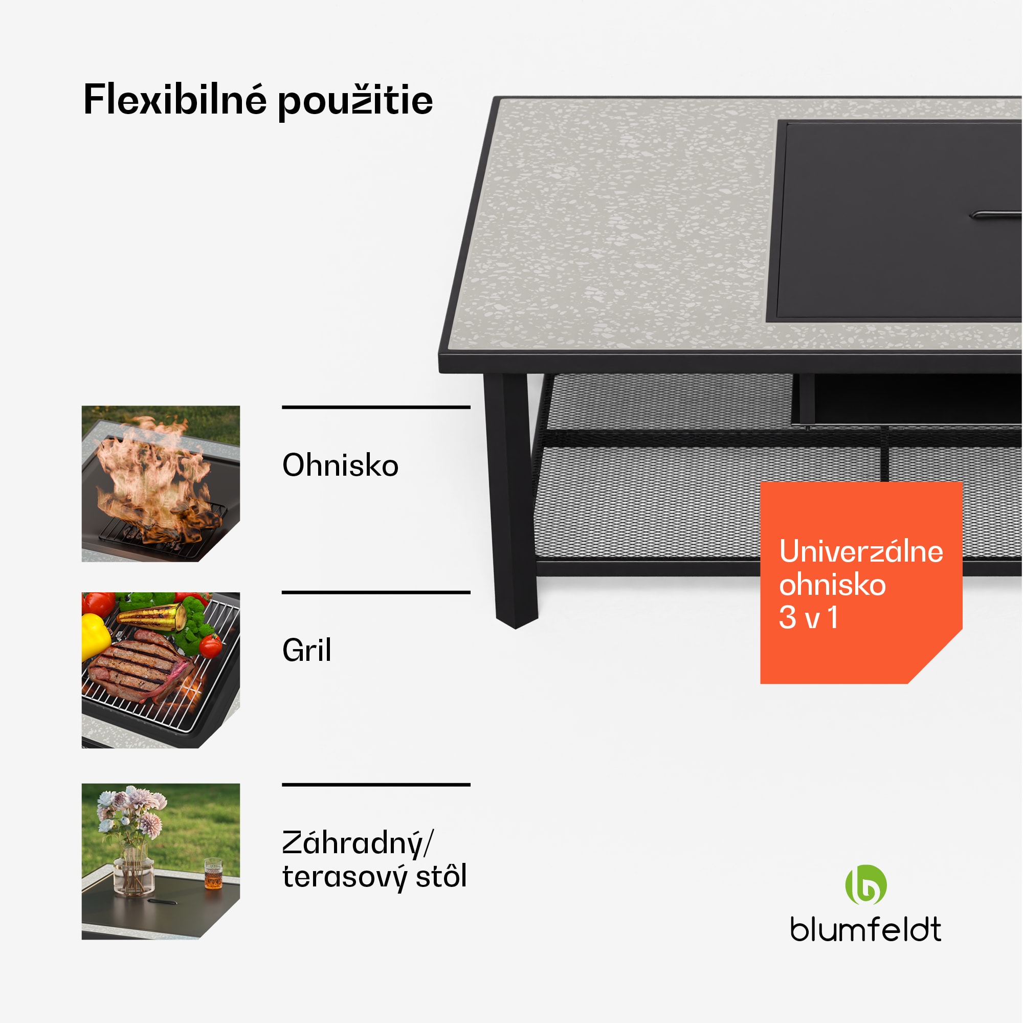 Blumfeldt Merano Avanzato L, ohnisko 3 v 1 s funkciou grilu, dá sa použiť ako stôl, 122 x 87 cm – Obrázok 2